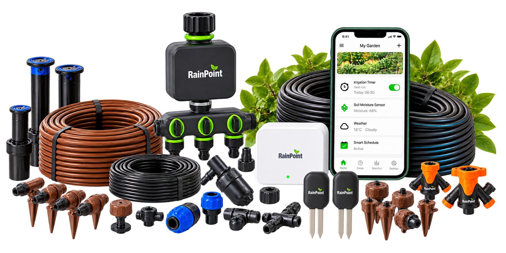Garden irrigation pipes, fittings, smart controllers and watering equipment