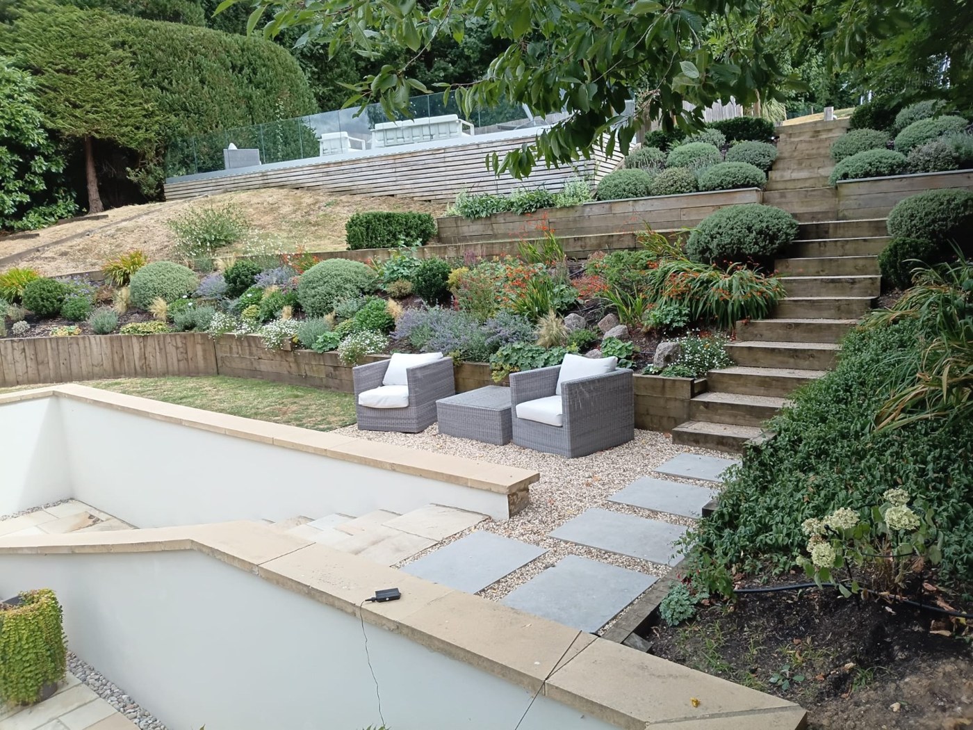 The landscaped terraced garden after irrigation installation